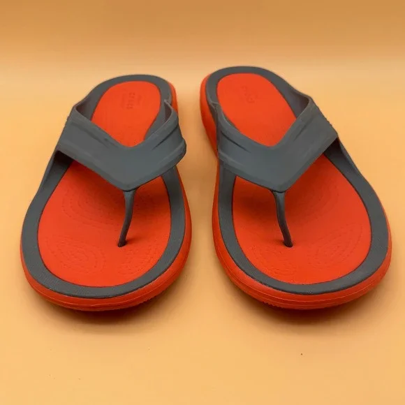 Crocs Mens Size‎ 12 Flip Flops Thong Sandals Orange Gray Comfort - Picture 3 of 10